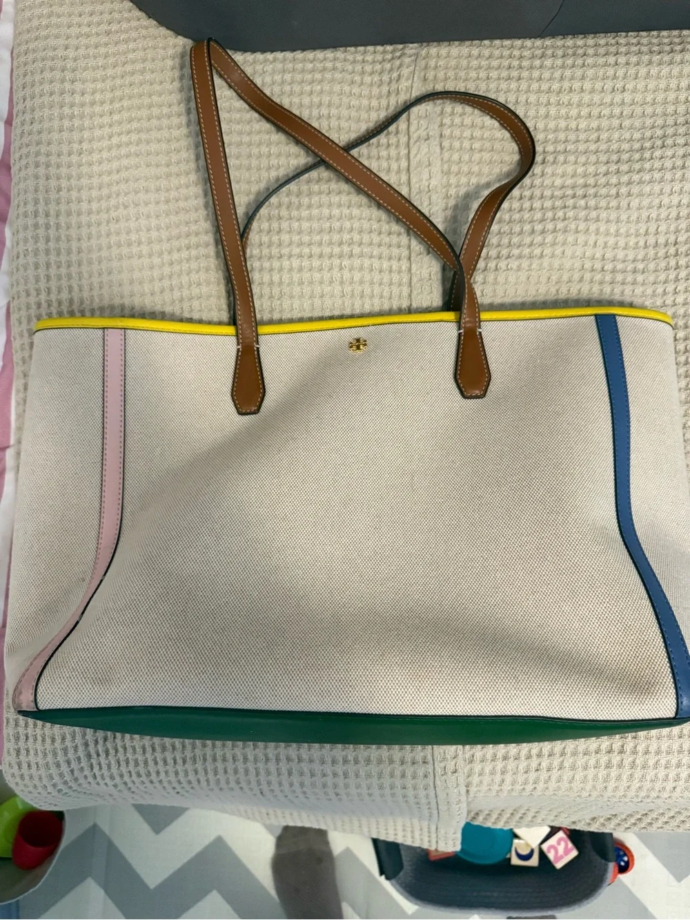 Tory Burch Canvas Tote with Multicolor Trim and Brown Leather Straps